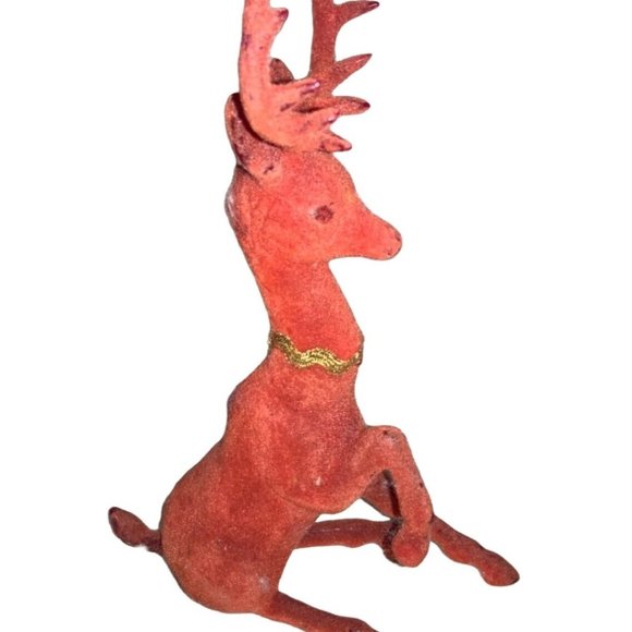 Red Flocked Felt Christmas Reindeer 2 Vintage Deer - Picture 7 of 16